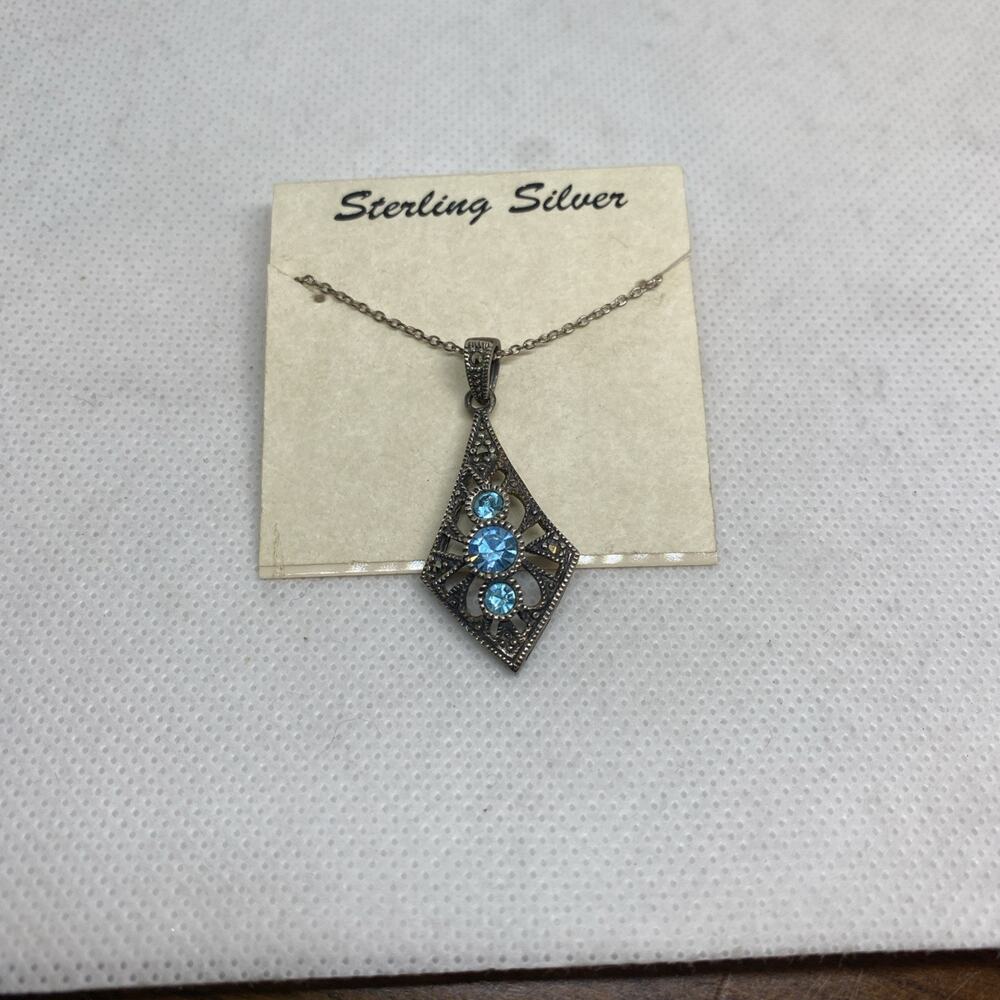 Vintage Art Deco Sterling Silver Blue Crystal Marcasite Pendant Oval Link Chain